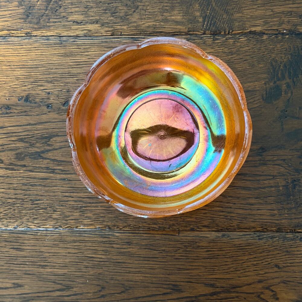 Jeanette Marigold Carnival Glass Bowl 4.25” Crackle Pattern Iridescent Vintage